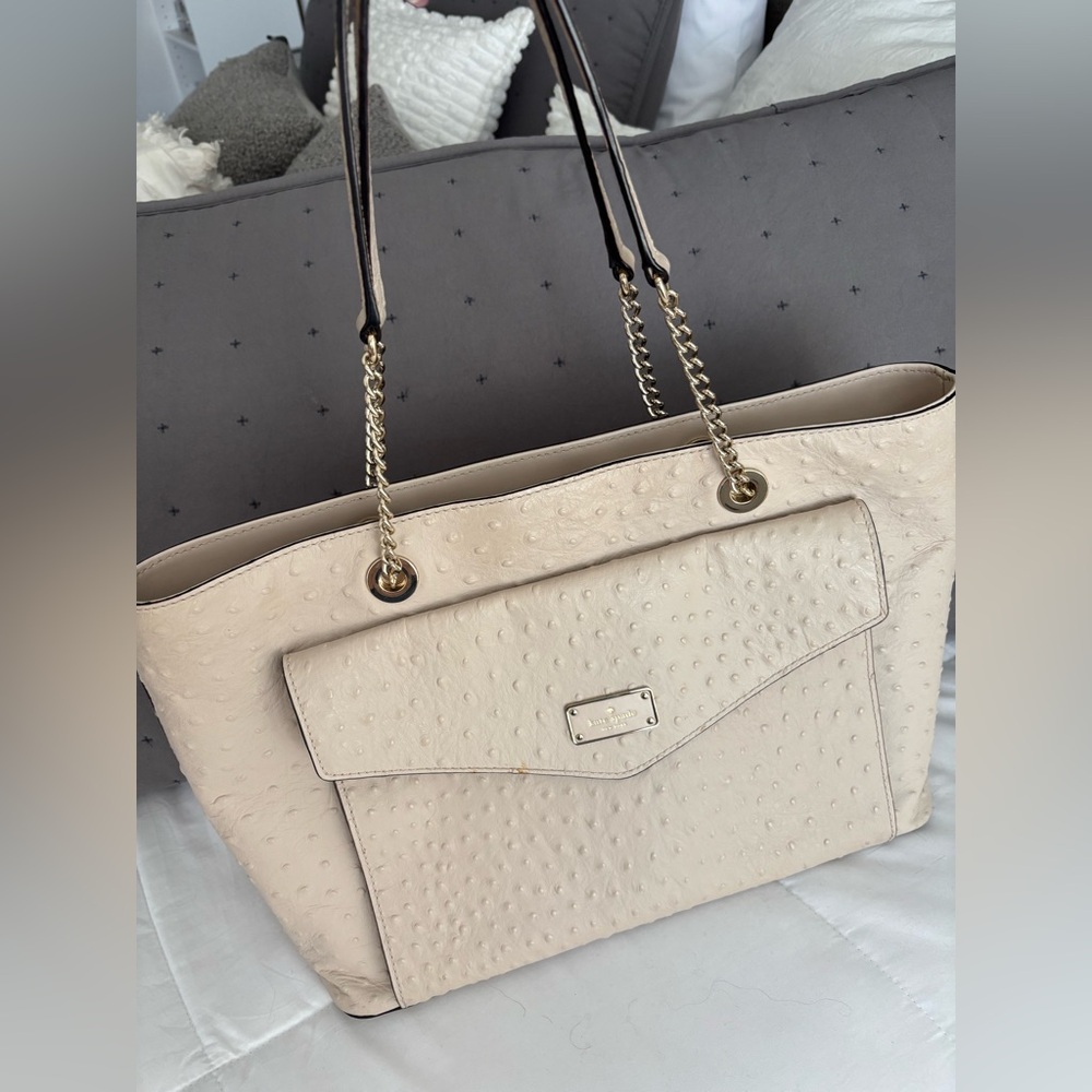 Kate Spade Ostrich Elegant Cream Tote Bag with Chain Straps
